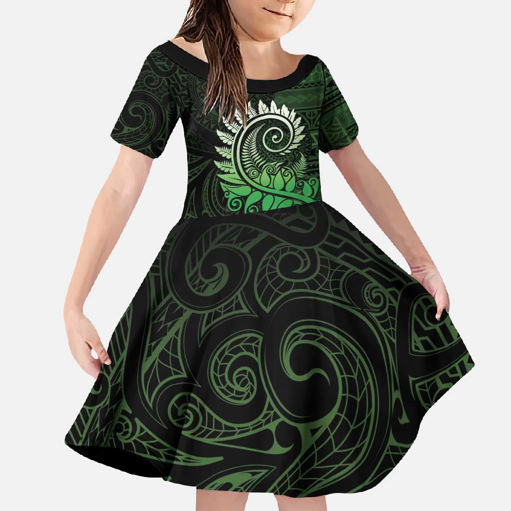 New Zealand Maori Koru Fern Family Matching Long Sleeve Bodycon Dress and Hawaiian Shirt Spiral Polynesian Style Green LT05 Daughter's Dress Green - Polynesian Pride