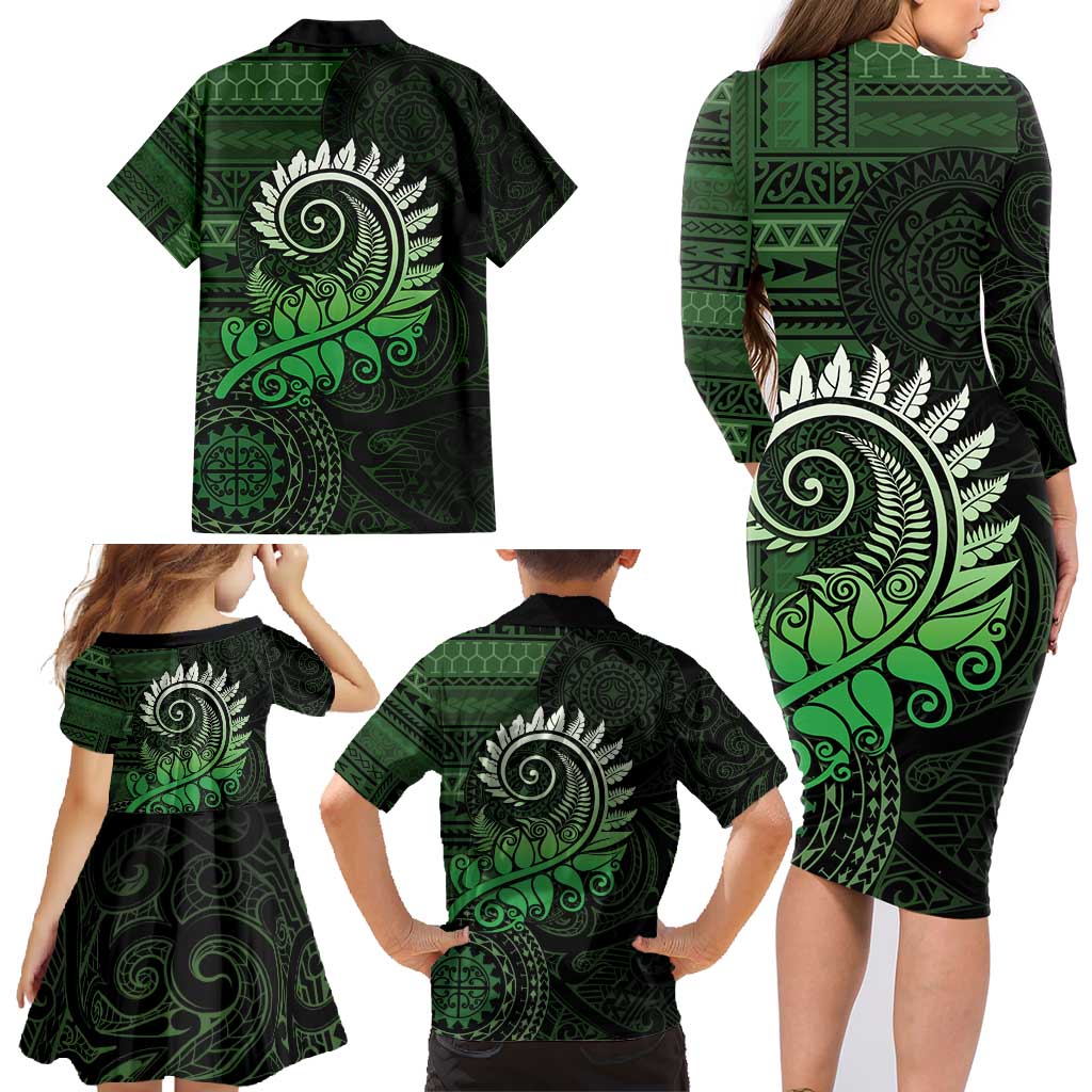 New Zealand Maori Koru Fern Family Matching Long Sleeve Bodycon Dress and Hawaiian Shirt Spiral Polynesian Style Green LT05 - Polynesian Pride