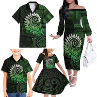 New Zealand Maori Koru Fern Family Matching Off The Shoulder Long Sleeve Dress and Hawaiian Shirt Spiral Polynesian Style Green