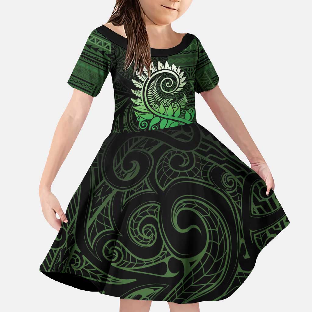 New Zealand Maori Koru Fern Family Matching Off Shoulder Maxi Dress and Hawaiian Shirt Spiral Polynesian Style Green LT05 Daughter's Dress Green - Polynesian Pride