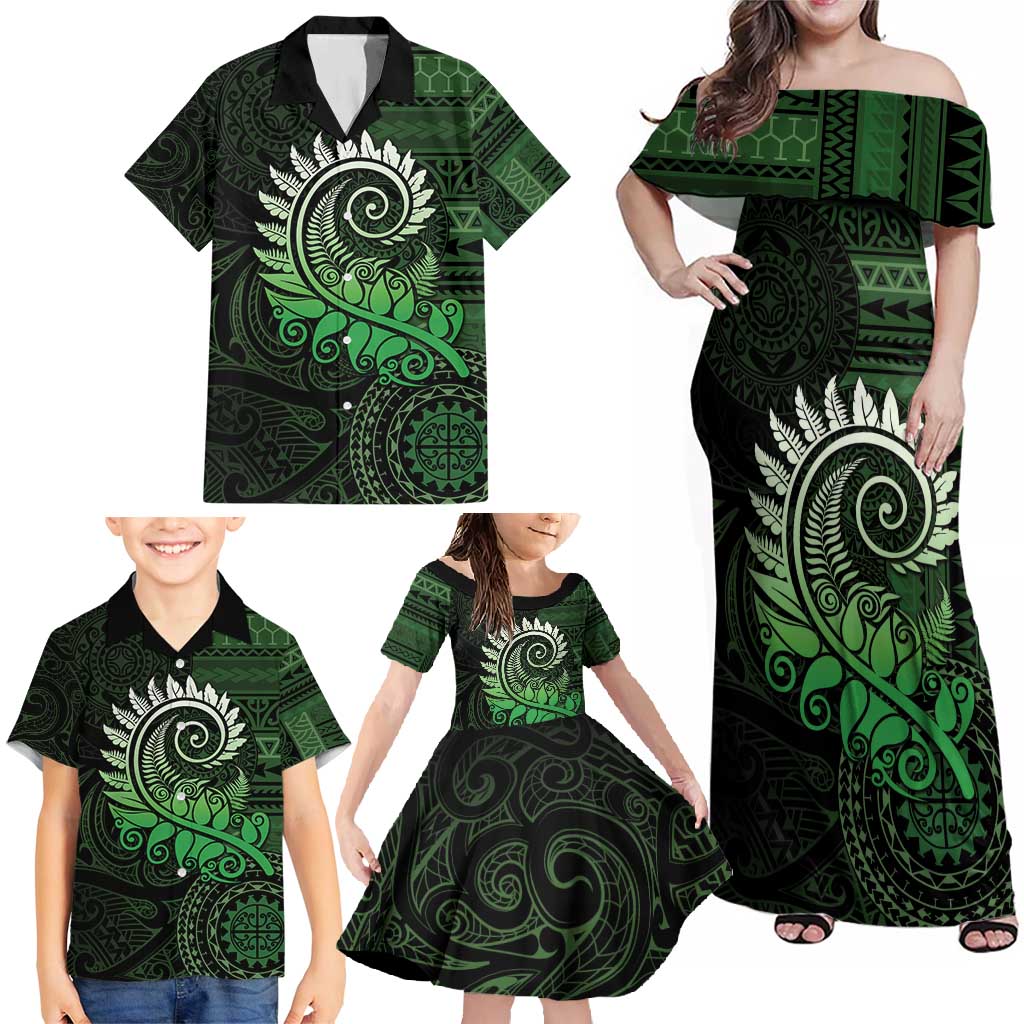 New Zealand Maori Koru Fern Family Matching Off Shoulder Maxi Dress and Hawaiian Shirt Spiral Polynesian Style Green LT05 - Polynesian Pride