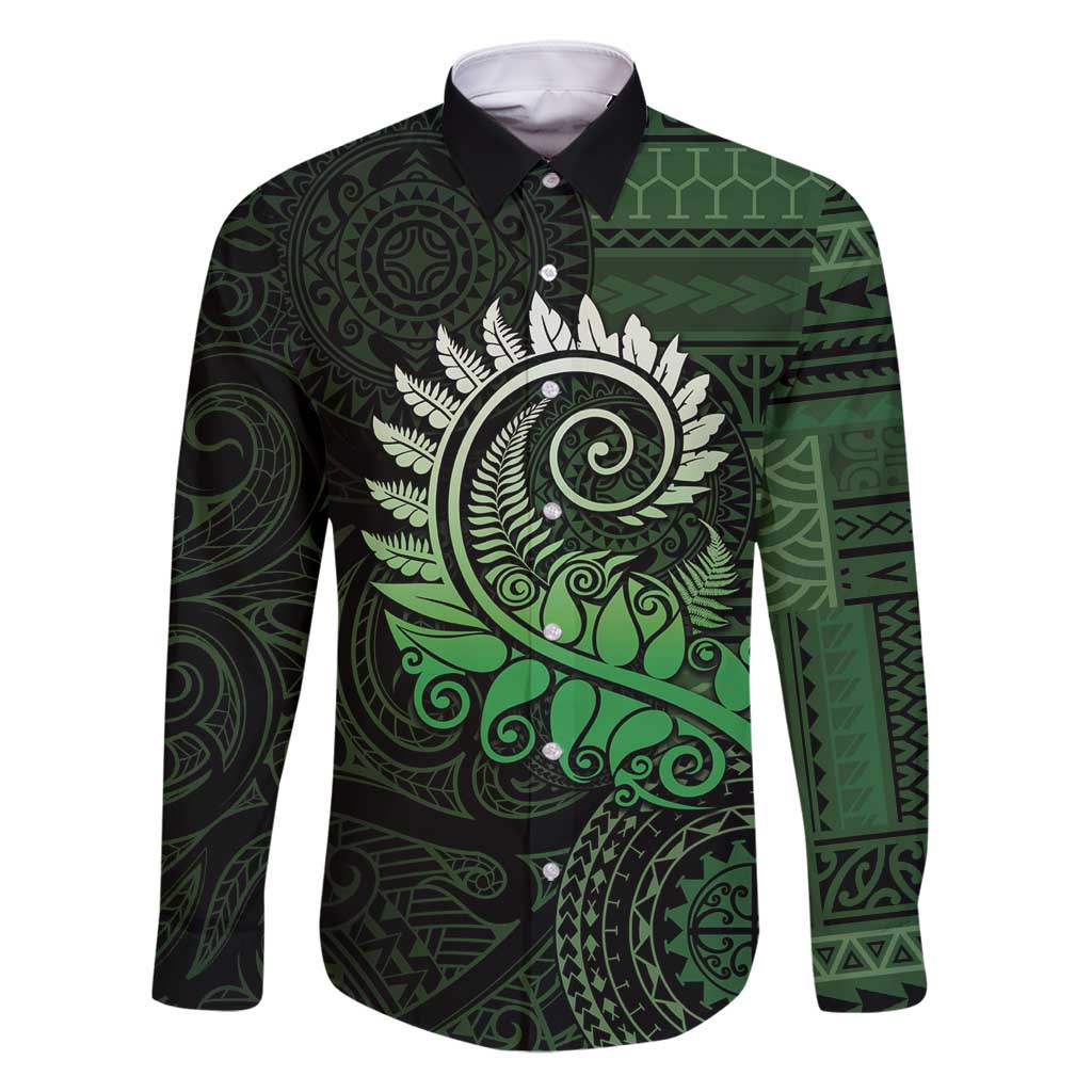 New Zealand Maori Koru Fern Family Matching Off Shoulder Maxi Dress and Hawaiian Shirt Spiral Polynesian Style Green LT05 Dad's Shirt - Long Sleeve Green - Polynesian Pride