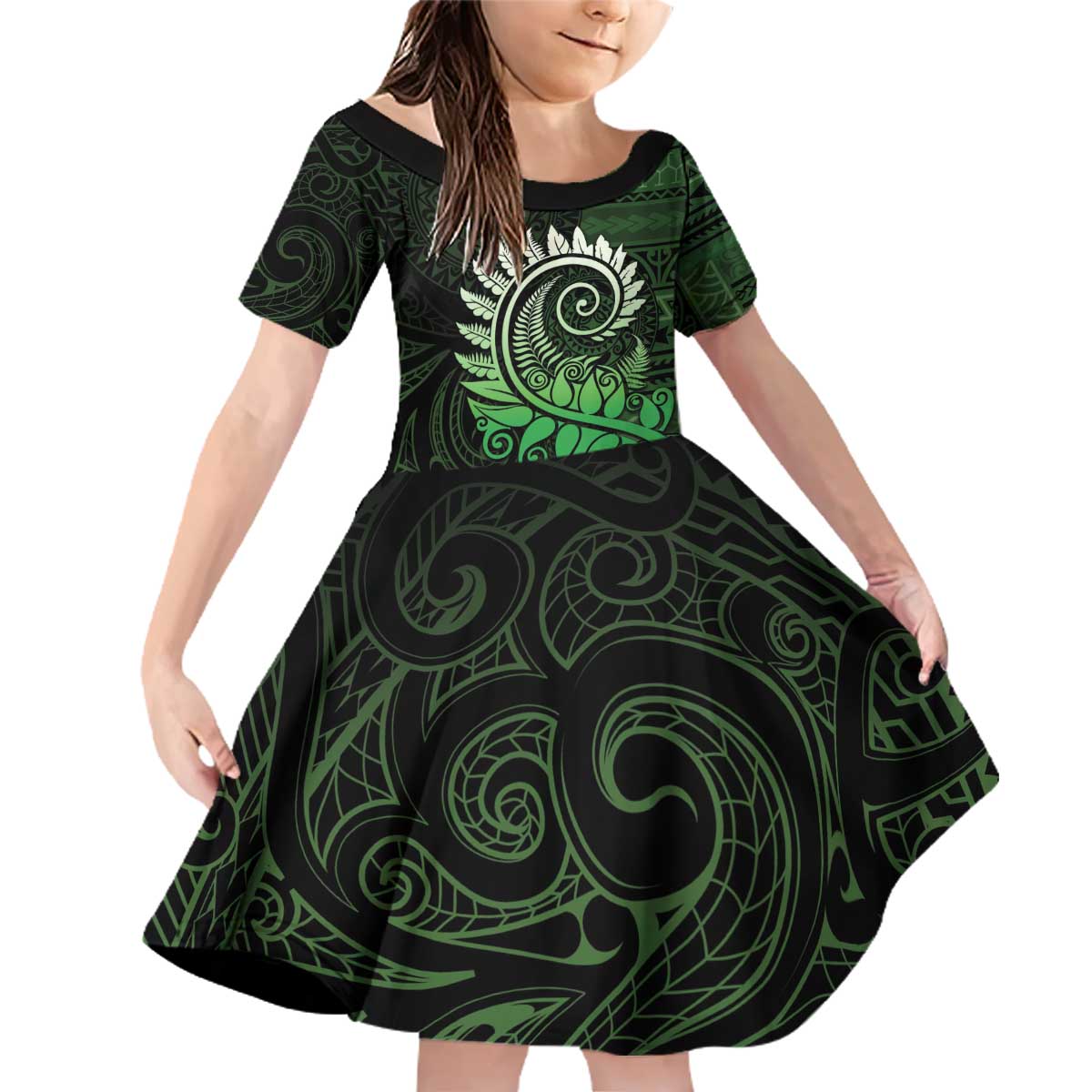 New Zealand Maori Koru Fern Family Matching Off Shoulder Short Dress and Hawaiian Shirt Spiral Polynesian Style Green LT05 Daughter's Dress Green - Polynesian Pride