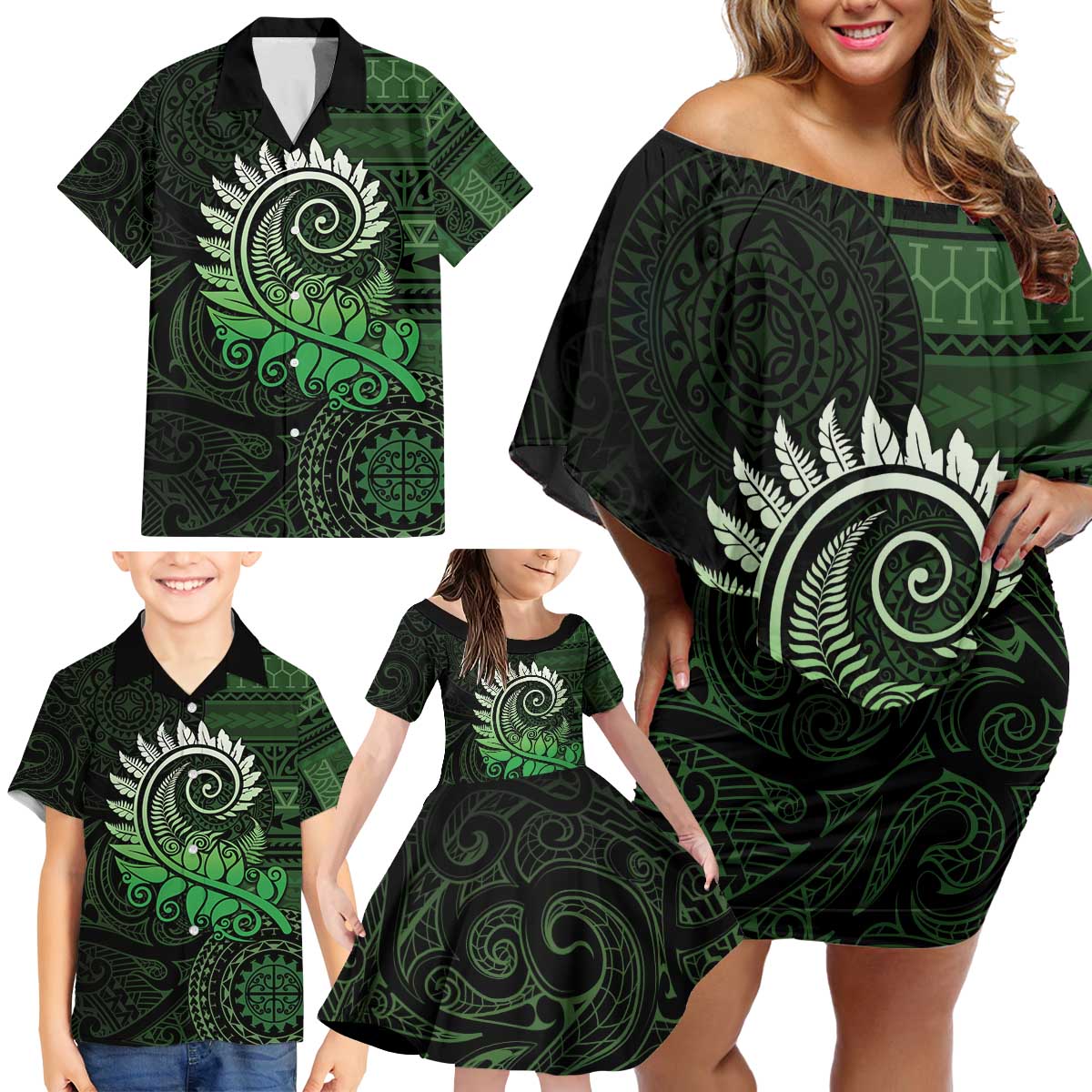New Zealand Maori Koru Fern Family Matching Off Shoulder Short Dress and Hawaiian Shirt Spiral Polynesian Style Green LT05 - Polynesian Pride