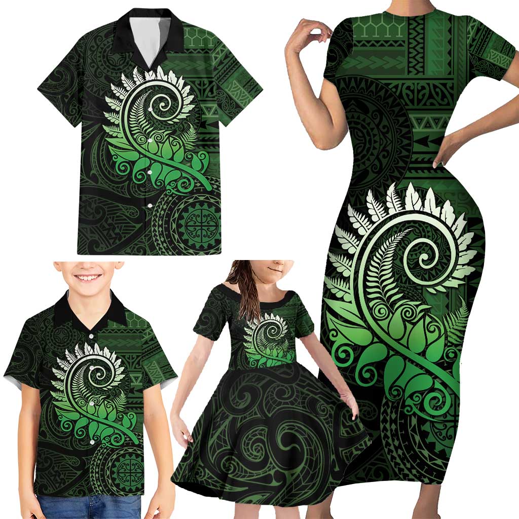 New Zealand Maori Koru Fern Family Matching Short Sleeve Bodycon Dress and Hawaiian Shirt Spiral Polynesian Style Green LT05 - Polynesian Pride