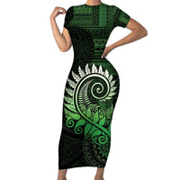 New Zealand Maori Koru Fern Family Matching Short Sleeve Bodycon Dress and Hawaiian Shirt Spiral Polynesian Style Green LT05 Mom's Dress Green - Polynesian Pride