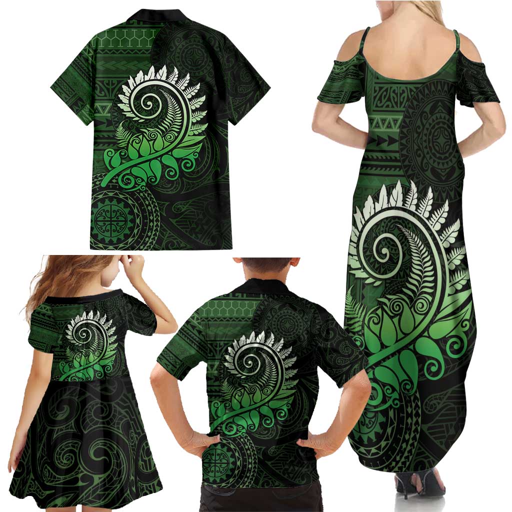 New Zealand Maori Koru Fern Family Matching Summer Maxi Dress and Hawaiian Shirt Spiral Polynesian Style Green LT05 - Polynesian Pride