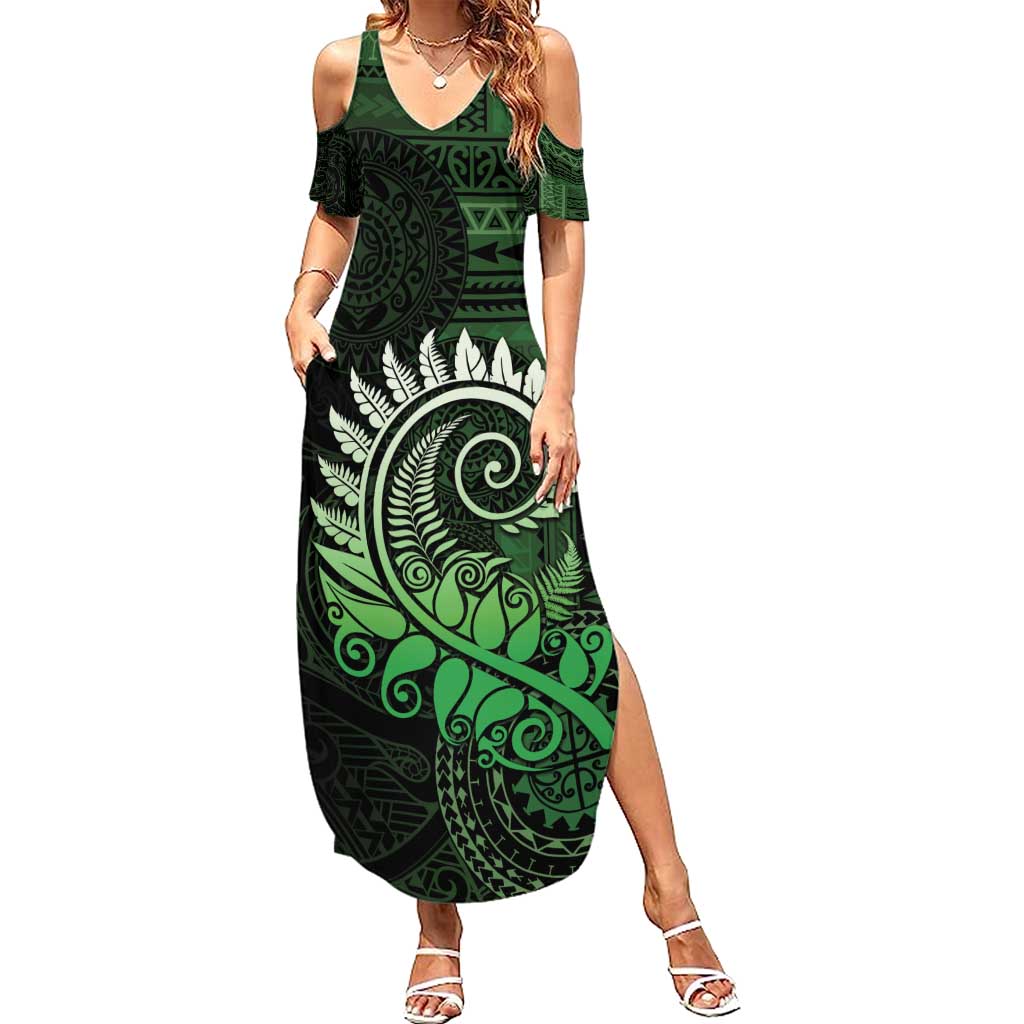 New Zealand Maori Koru Fern Family Matching Summer Maxi Dress and Hawaiian Shirt Spiral Polynesian Style Green LT05 Mom's Dress Green - Polynesian Pride
