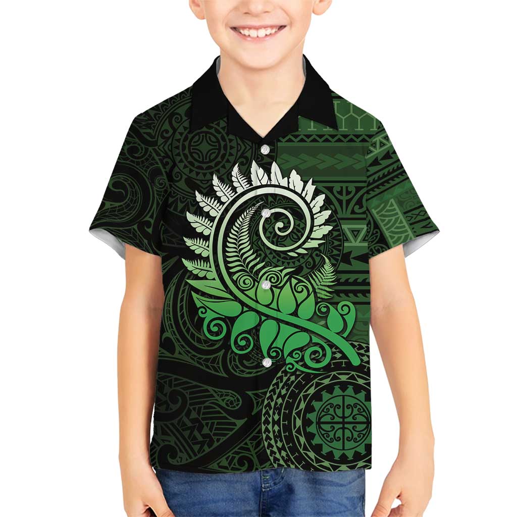 New Zealand Maori Koru Fern Family Matching Summer Maxi Dress and Hawaiian Shirt Spiral Polynesian Style Green LT05 Son's Shirt Green - Polynesian Pride