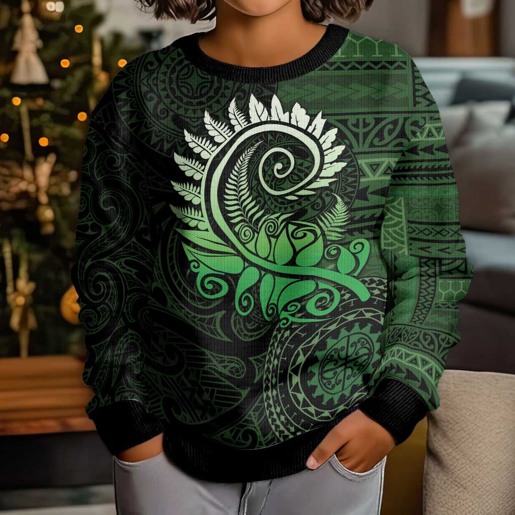 New Zealand Maori Koru Fern Kid Ugly Christmas Sweater Spiral Polynesian Style Green LT05 - Polynesian Pride