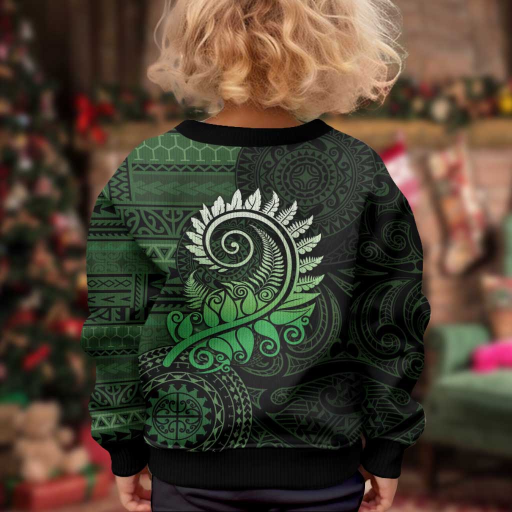 New Zealand Maori Koru Fern Kid Ugly Christmas Sweater Spiral Polynesian Style Green LT05 - Polynesian Pride