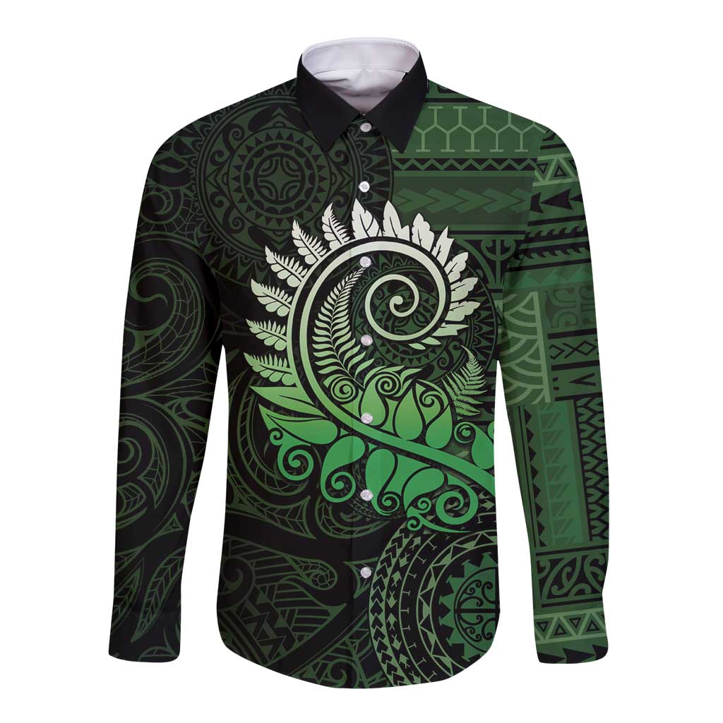 New Zealand Maori Koru Fern Long Sleeve Button Shirt Spiral Polynesian Style Green LT05 Unisex Green - Polynesian Pride