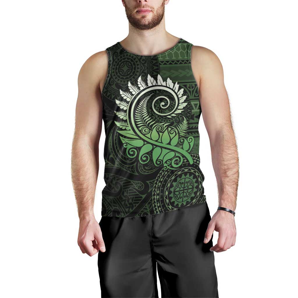 New Zealand Maori Koru Fern Men Tank Top Spiral Polynesian Style Green