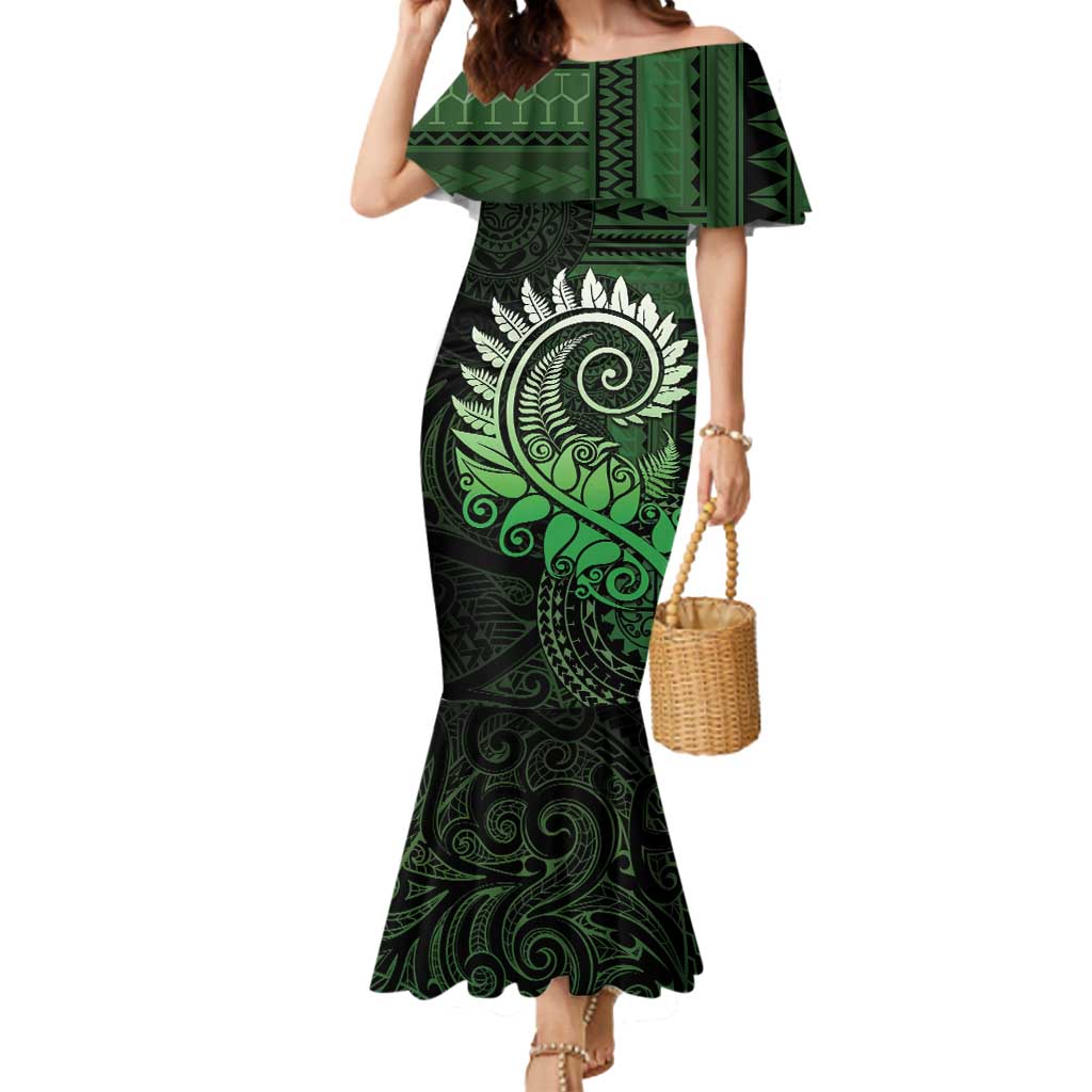 New Zealand Maori Koru Fern Mermaid Dress Spiral Polynesian Style Green