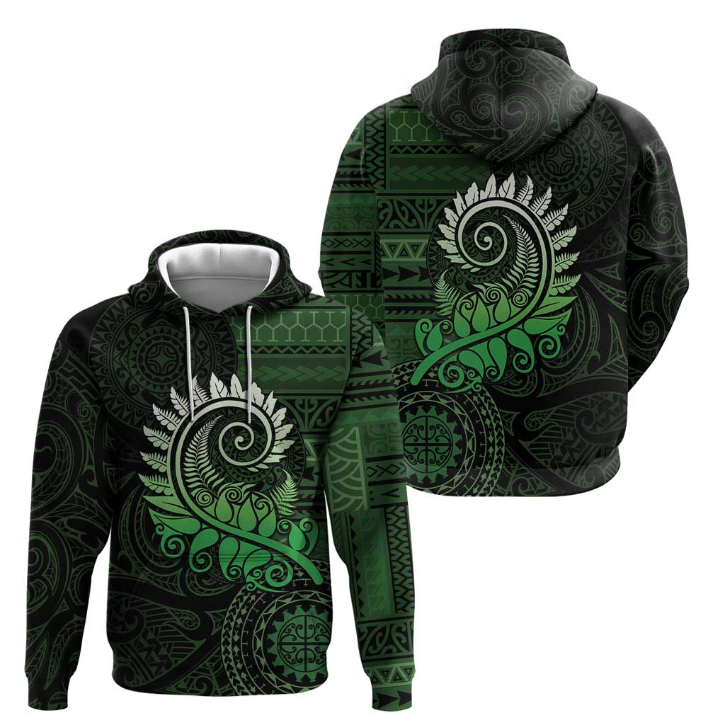New Zealand Maori Koru Fern Zip Hoodie Spiral Polynesian Style Green