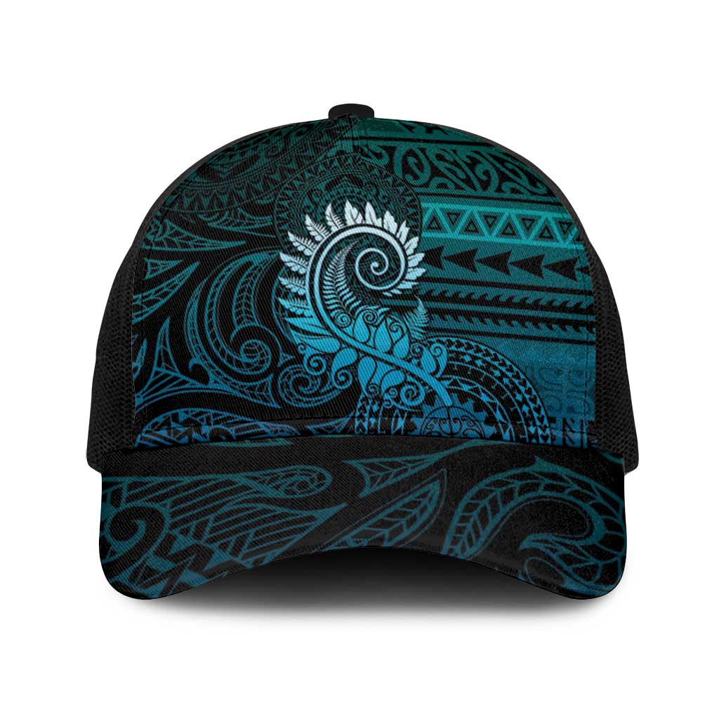 New Zealand Maori Koru Fern Baseball Net Cap Spiral Polynesian Style Aqua Gradient - Polynesian Pride