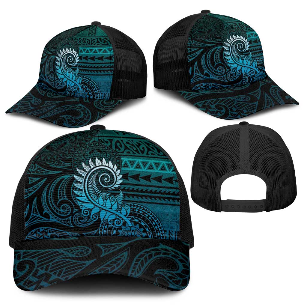 New Zealand Maori Koru Fern Baseball Net Cap Spiral Polynesian Style Aqua Gradient - Polynesian Pride