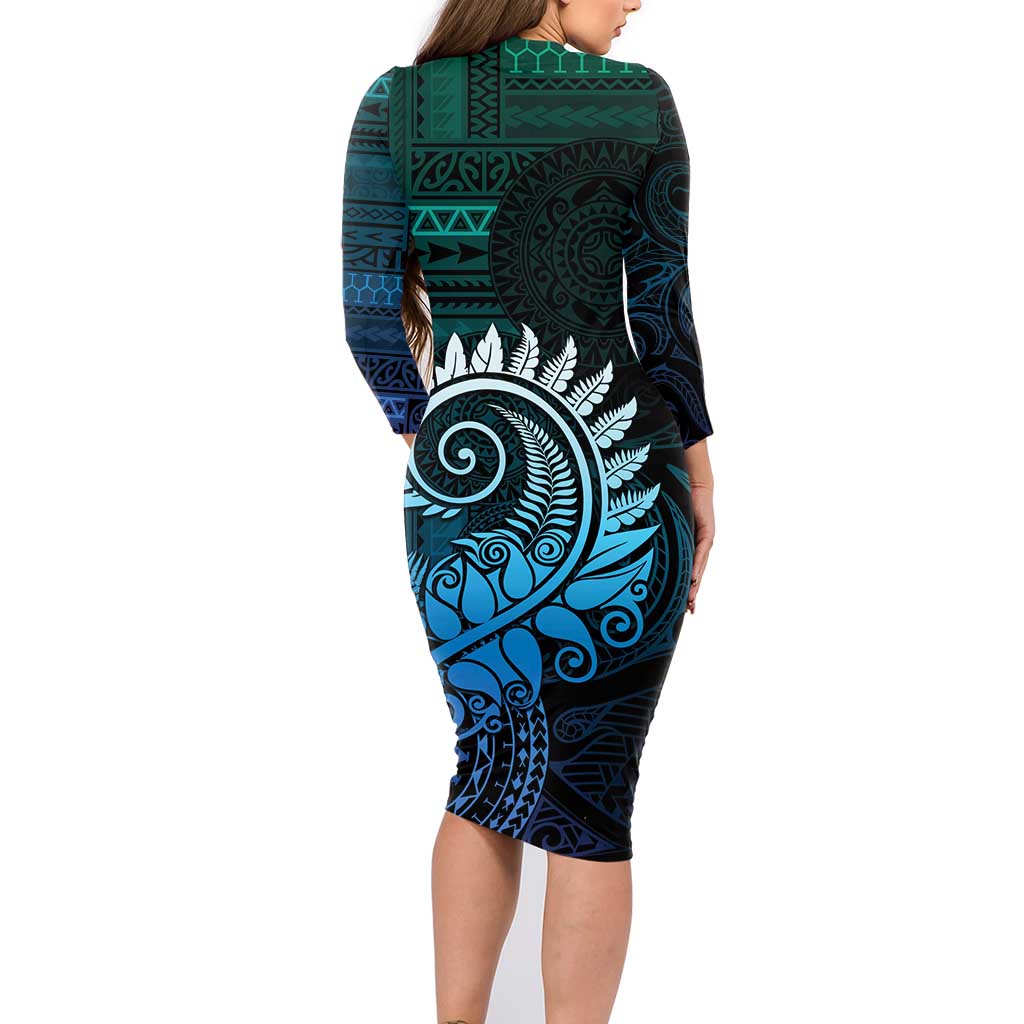 New Zealand Maori Koru Fern Family Matching Long Sleeve Bodycon Dress and Hawaiian Shirt Spiral Polynesian Style Aqua Gradient LT05 - Polynesian Pride
