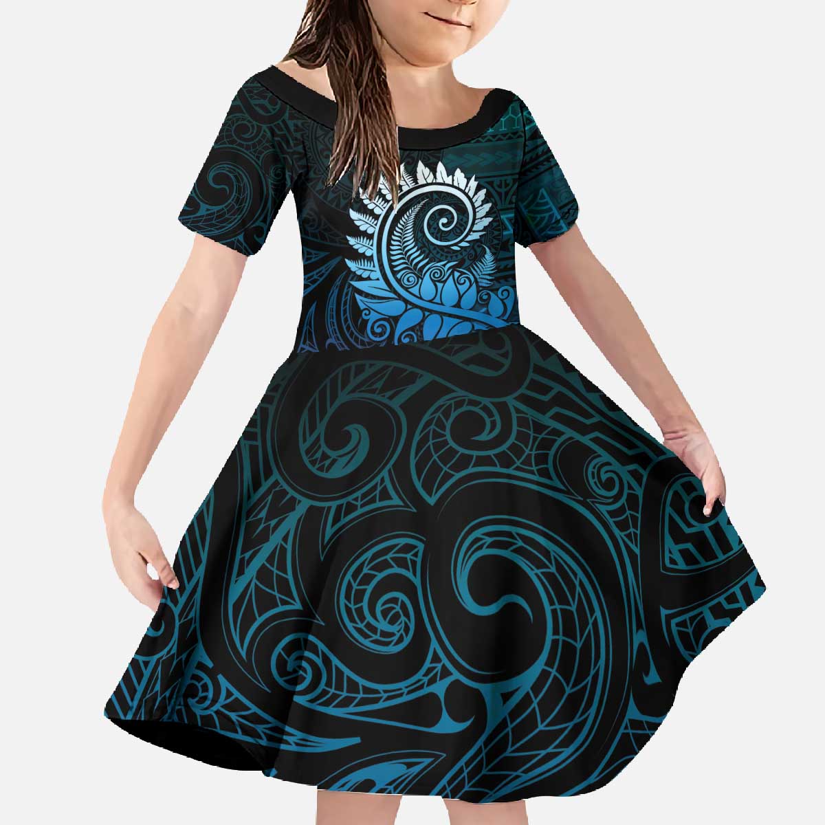 New Zealand Maori Koru Fern Family Matching Off The Shoulder Long Sleeve Dress and Hawaiian Shirt Spiral Polynesian Style Aqua Gradient