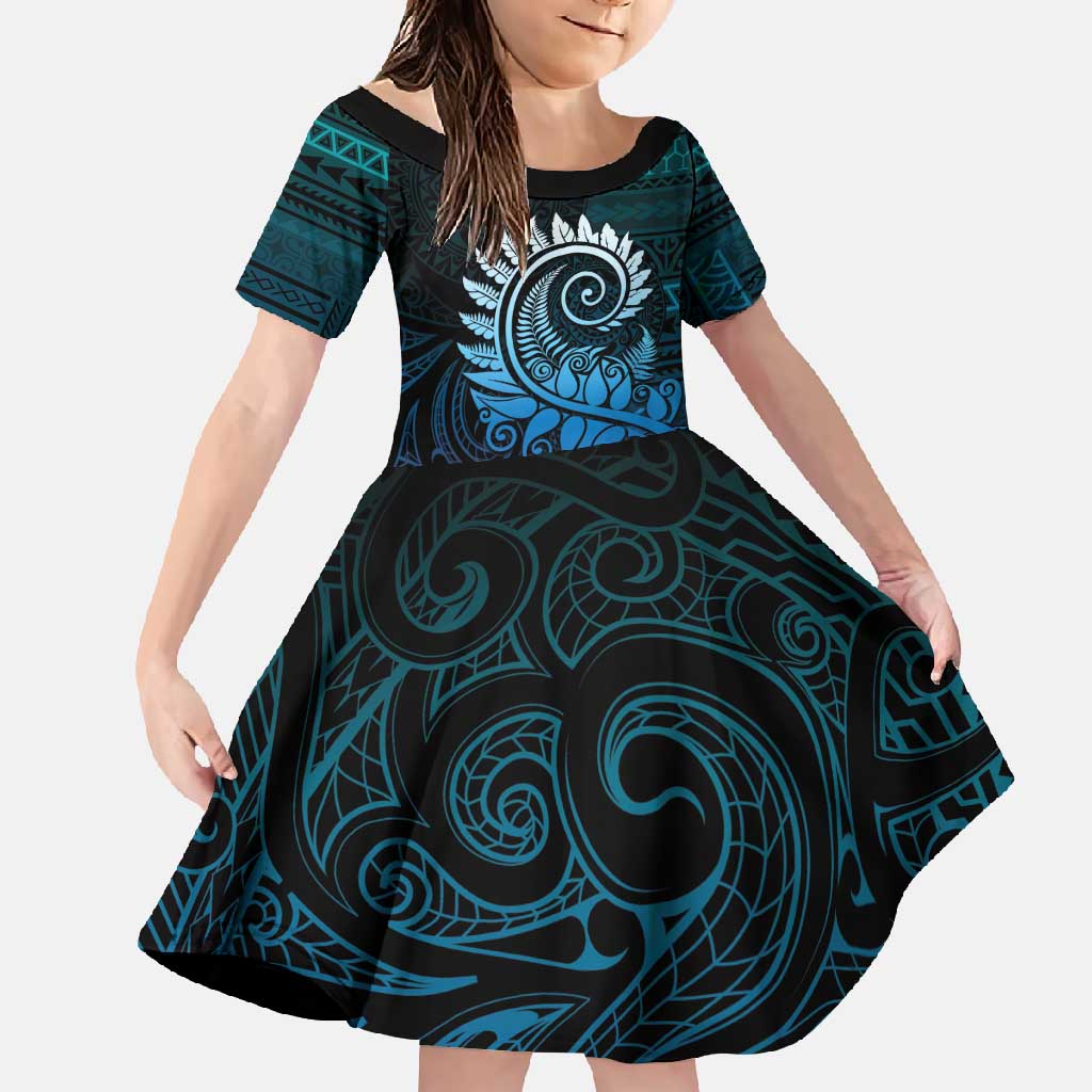 New Zealand Maori Koru Fern Family Matching Off Shoulder Maxi Dress and Hawaiian Shirt Spiral Polynesian Style Aqua Gradient LT05 Daughter's Dress Aqua - Polynesian Pride