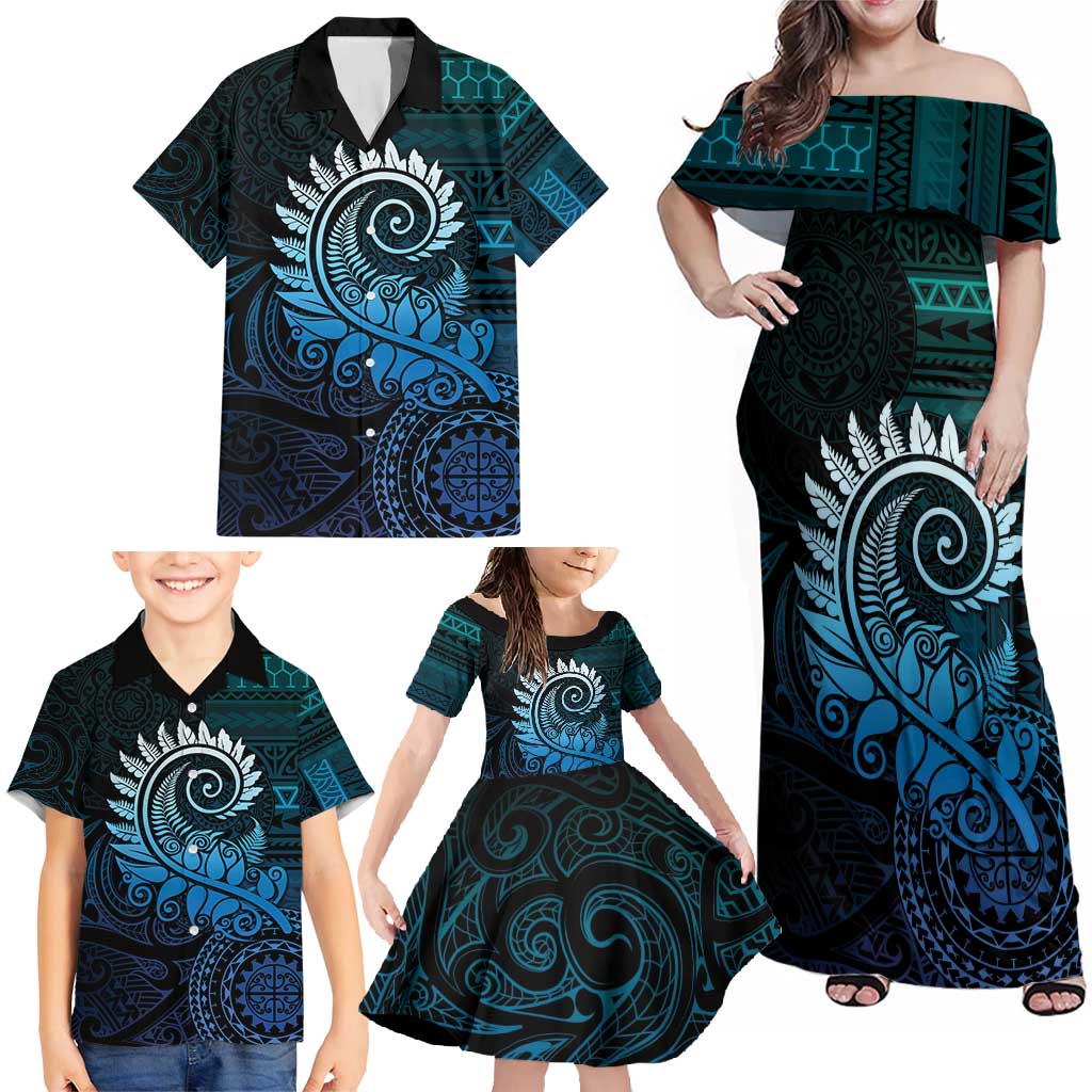 New Zealand Maori Koru Fern Family Matching Off Shoulder Maxi Dress and Hawaiian Shirt Spiral Polynesian Style Aqua Gradient LT05 - Polynesian Pride