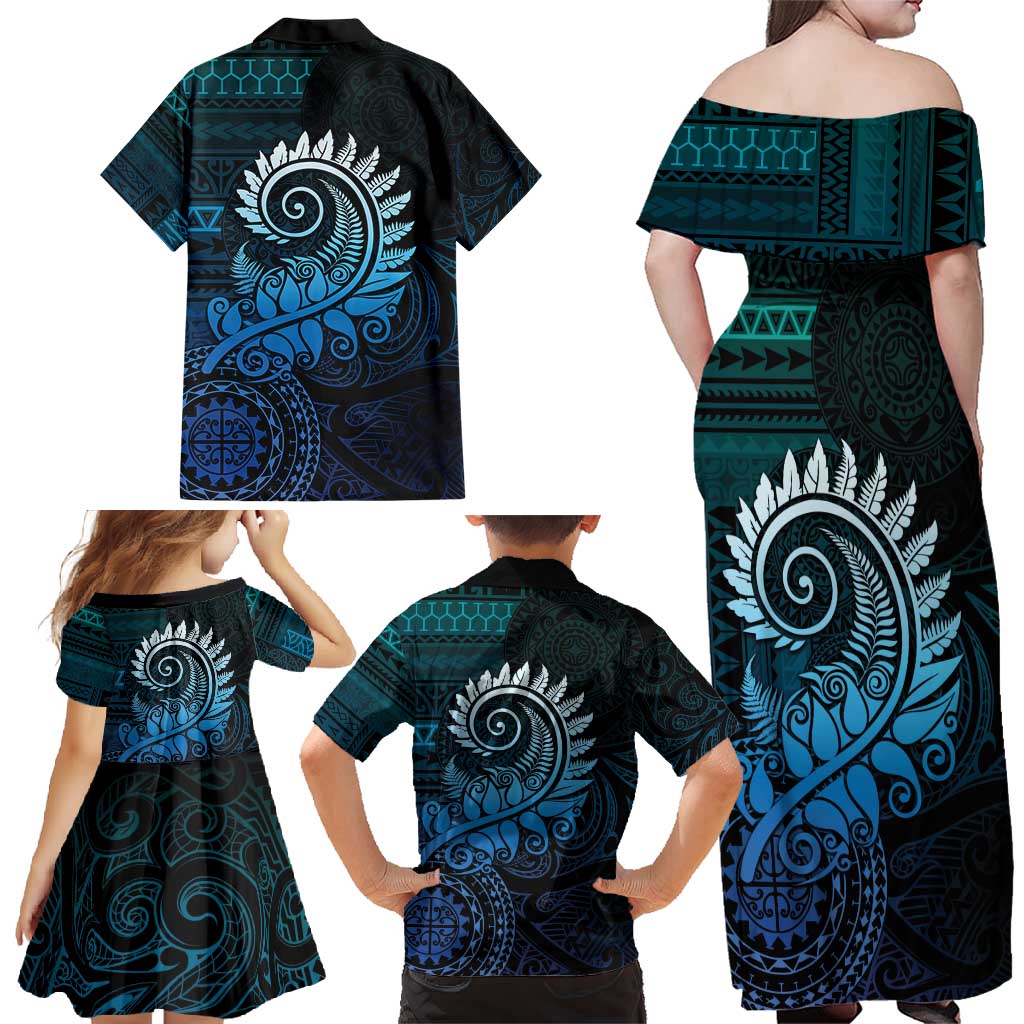 New Zealand Maori Koru Fern Family Matching Off Shoulder Maxi Dress and Hawaiian Shirt Spiral Polynesian Style Aqua Gradient LT05 - Polynesian Pride