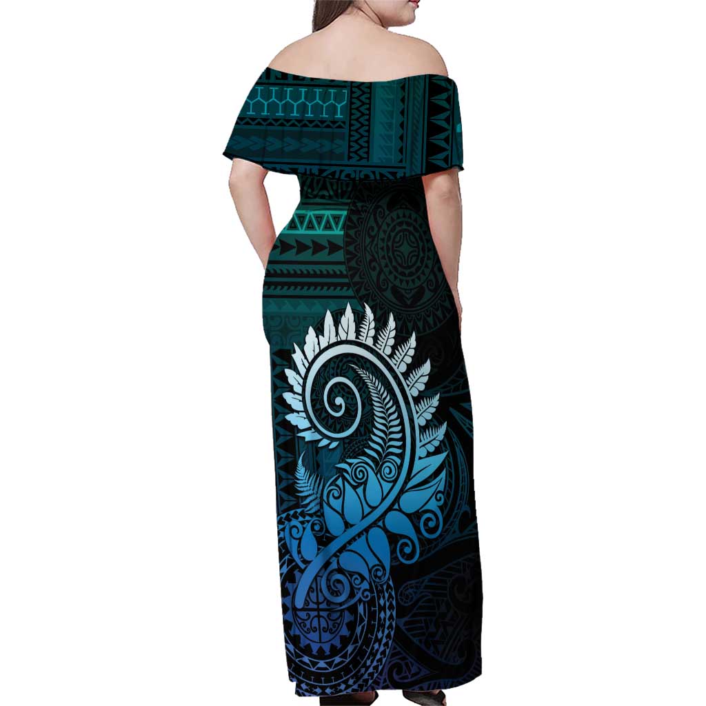 New Zealand Maori Koru Fern Family Matching Off Shoulder Maxi Dress and Hawaiian Shirt Spiral Polynesian Style Aqua Gradient LT05 - Polynesian Pride