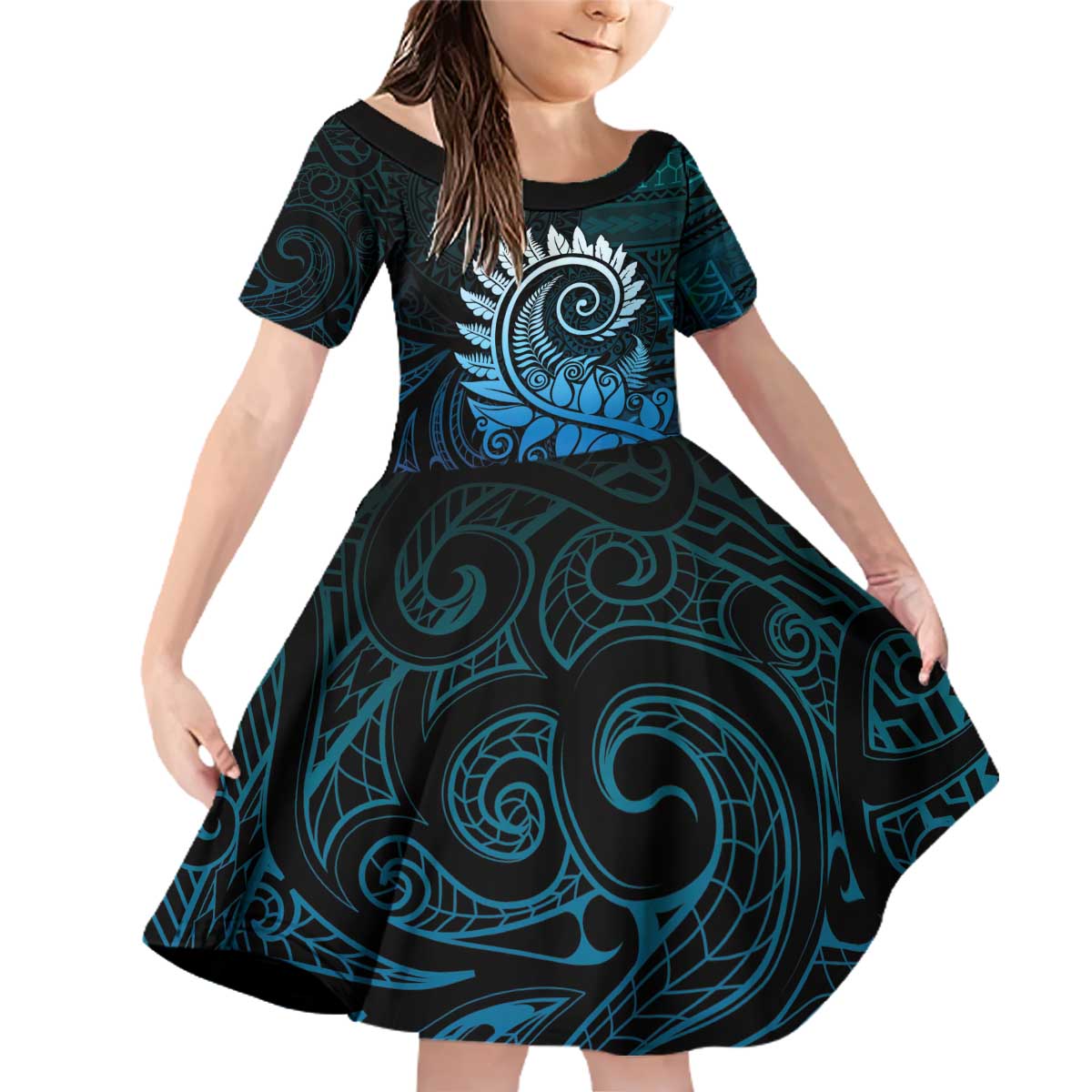 New Zealand Maori Koru Fern Family Matching Off Shoulder Short Dress and Hawaiian Shirt Spiral Polynesian Style Aqua Gradient LT05 Daughter's Dress Aqua - Polynesian Pride