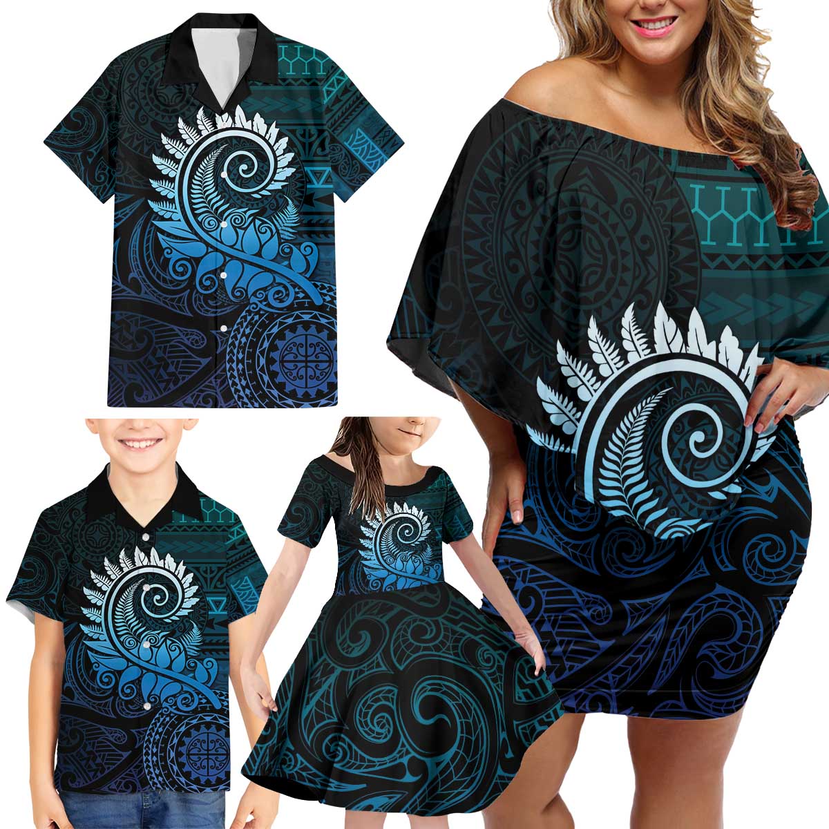 New Zealand Maori Koru Fern Family Matching Off Shoulder Short Dress and Hawaiian Shirt Spiral Polynesian Style Aqua Gradient LT05 - Polynesian Pride