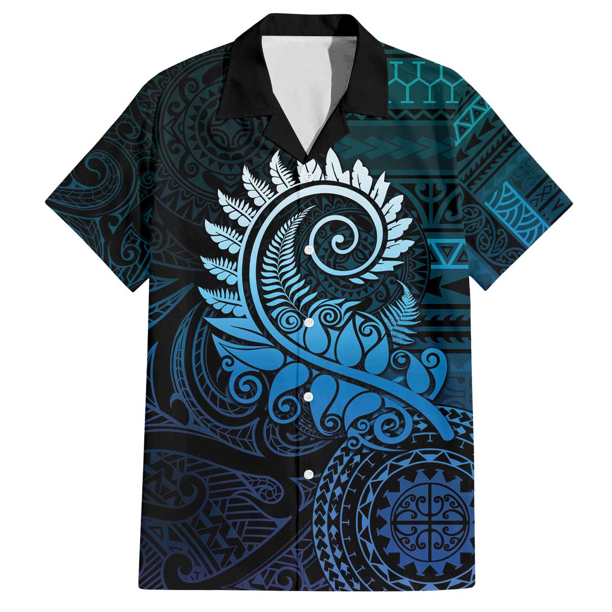 New Zealand Maori Koru Fern Family Matching Off Shoulder Short Dress and Hawaiian Shirt Spiral Polynesian Style Aqua Gradient LT05 Dad's Shirt - Short Sleeve Aqua - Polynesian Pride