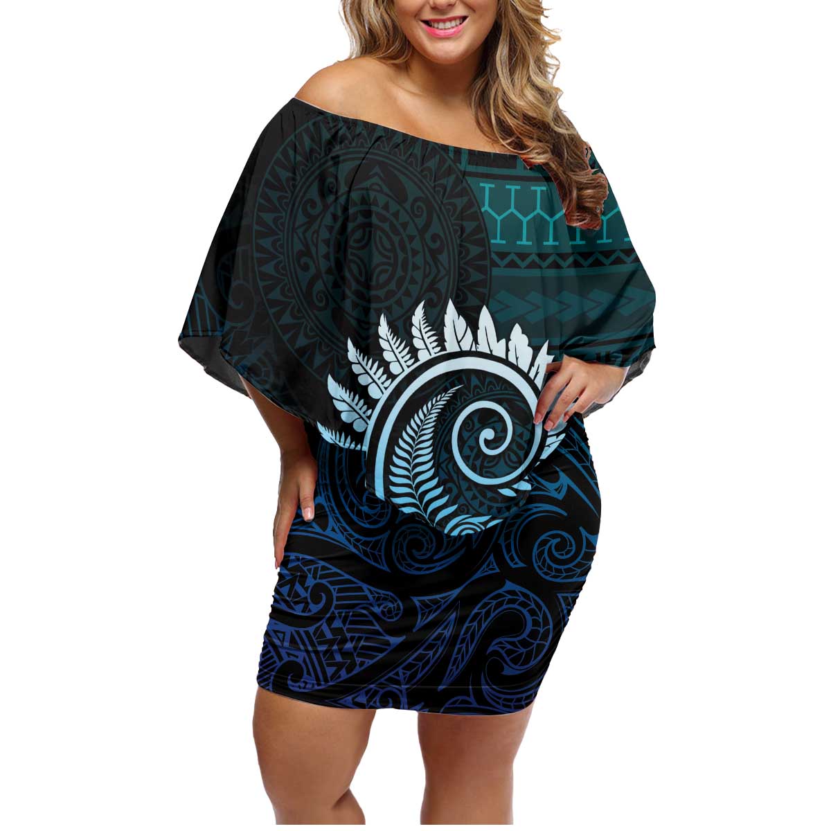 New Zealand Maori Koru Fern Family Matching Off Shoulder Short Dress and Hawaiian Shirt Spiral Polynesian Style Aqua Gradient LT05 Mom's Dress Aqua - Polynesian Pride