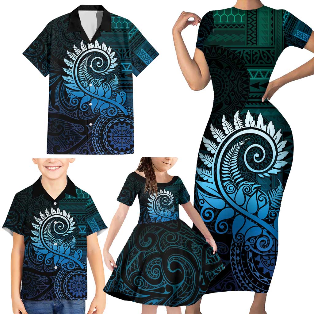 New Zealand Maori Koru Fern Family Matching Short Sleeve Bodycon Dress and Hawaiian Shirt Spiral Polynesian Style Aqua Gradient LT05 - Polynesian Pride