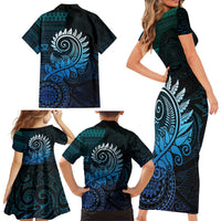 New Zealand Maori Koru Fern Family Matching Short Sleeve Bodycon Dress and Hawaiian Shirt Spiral Polynesian Style Aqua Gradient LT05 - Polynesian Pride
