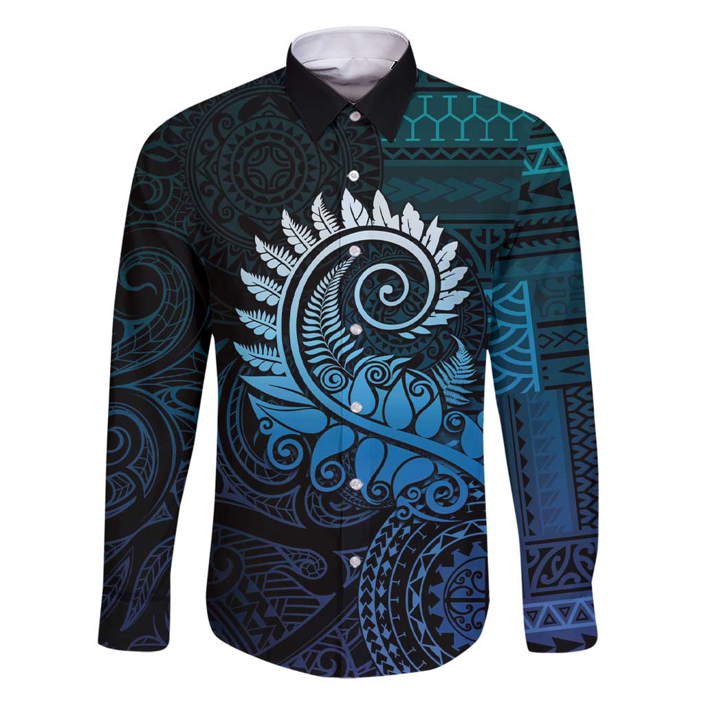 New Zealand Maori Koru Fern Family Matching Short Sleeve Bodycon Dress and Hawaiian Shirt Spiral Polynesian Style Aqua Gradient LT05 Dad's Shirt - Long Sleeve Aqua - Polynesian Pride