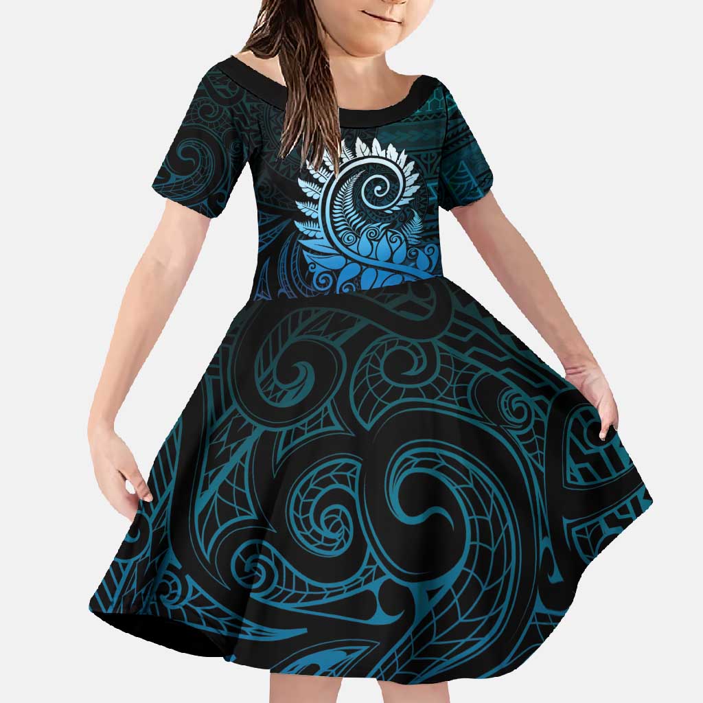 New Zealand Maori Koru Fern Family Matching Tank Maxi Dress and Hawaiian Shirt Spiral Polynesian Style Aqua Gradient LT05 Daughter's Dress Aqua - Polynesian Pride