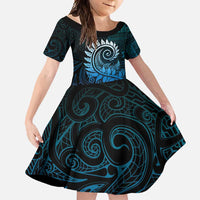 New Zealand Maori Koru Fern Family Matching Tank Maxi Dress and Hawaiian Shirt Spiral Polynesian Style Aqua Gradient LT05 Daughter's Dress Aqua - Polynesian Pride