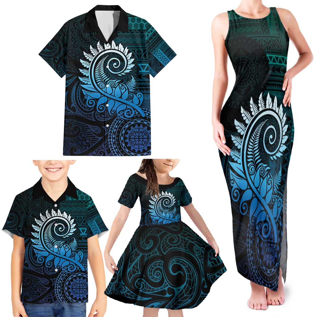 New Zealand Maori Koru Fern Family Matching Tank Maxi Dress and Hawaiian Shirt Spiral Polynesian Style Aqua Gradient LT05 - Polynesian Pride