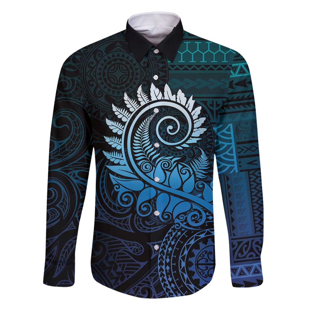New Zealand Maori Koru Fern Family Matching Tank Maxi Dress and Hawaiian Shirt Spiral Polynesian Style Aqua Gradient LT05 Dad's Shirt - Long Sleeve Aqua - Polynesian Pride