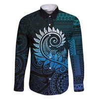 New Zealand Maori Koru Fern Family Matching Tank Maxi Dress and Hawaiian Shirt Spiral Polynesian Style Aqua Gradient LT05 Dad's Shirt - Long Sleeve Aqua - Polynesian Pride