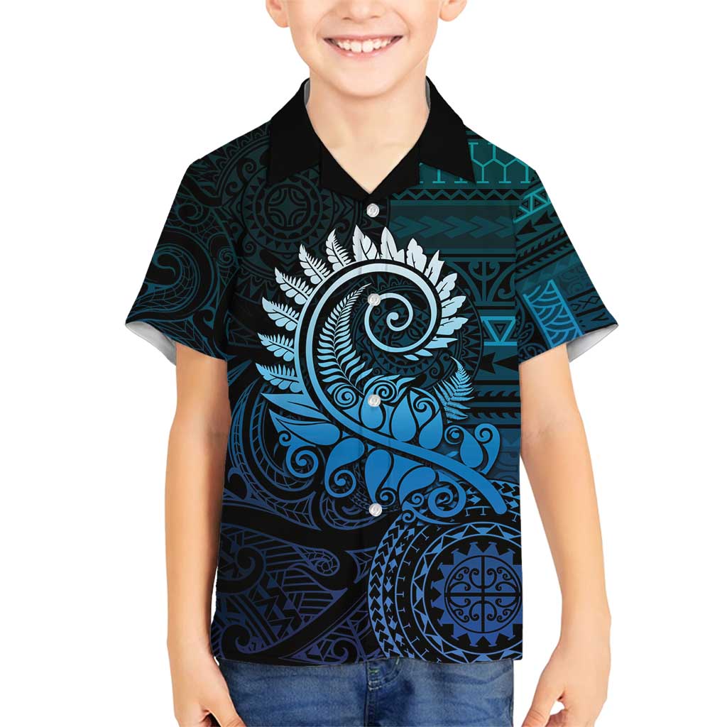 New Zealand Maori Koru Fern Family Matching Tank Maxi Dress and Hawaiian Shirt Spiral Polynesian Style Aqua Gradient LT05 Son's Shirt Aqua - Polynesian Pride