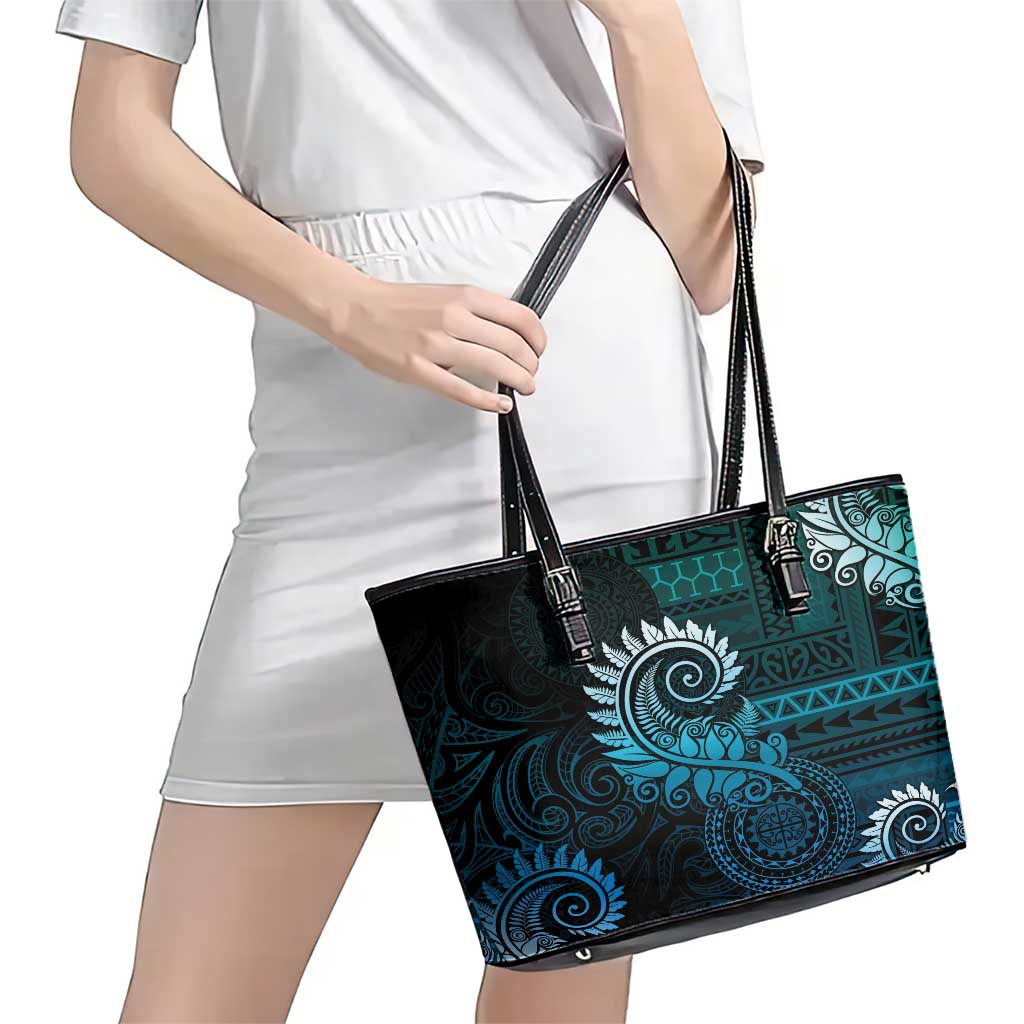 New Zealand Maori Koru Fern Leather Tote Bag Spiral Polynesian Style Aqua Gradient LT05 - Polynesian Pride