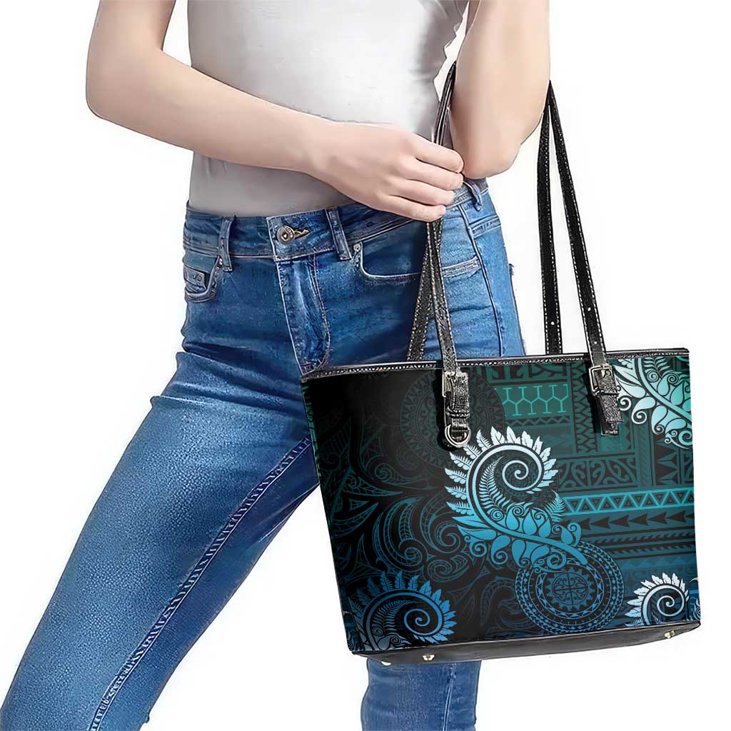New Zealand Maori Koru Fern Leather Tote Bag Spiral Polynesian Style Aqua Gradient LT05 - Polynesian Pride