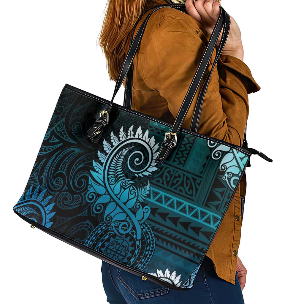 New Zealand Maori Koru Fern Leather Tote Bag Spiral Polynesian Style Aqua Gradient LT05 - Polynesian Pride