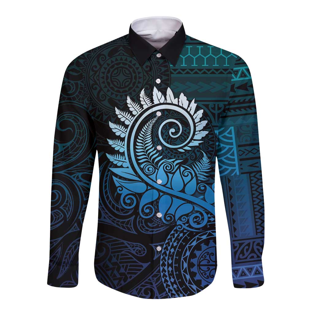 New Zealand Maori Koru Fern Long Sleeve Button Shirt Spiral Polynesian Style Aqua Gradient LT05 Unisex Aqua - Polynesian Pride