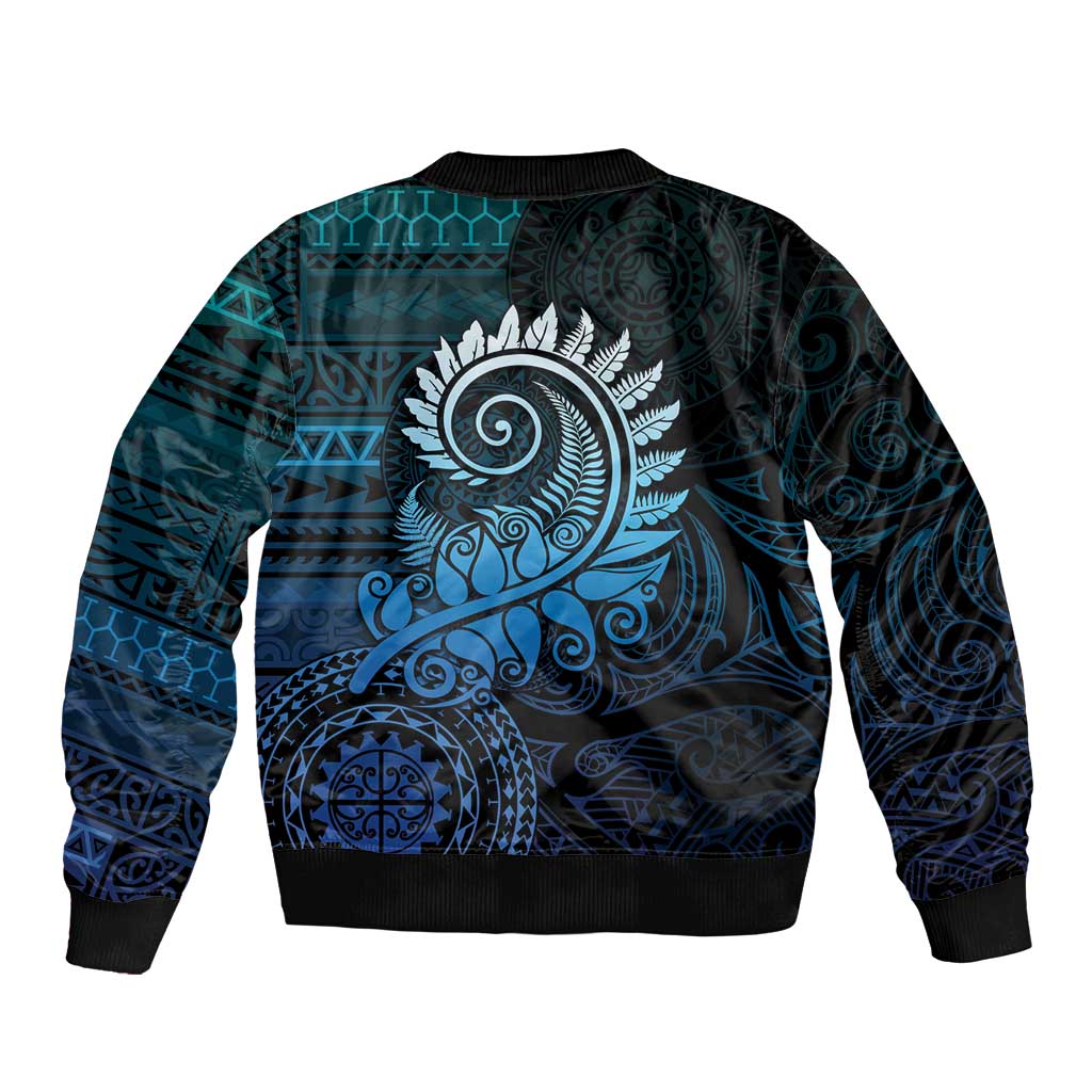 New Zealand Maori Koru Fern Sleeve Zip Bomber Jacket Spiral Polynesian Style Aqua Gradient