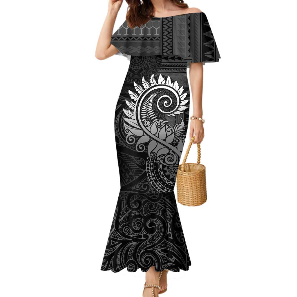 New Zealand Maori Koru Fern Family Matching Mermaid Dress and Hawaiian Shirt Spiral Polynesian Style Gray LT05 Mom's Dress Gray - Polynesian Pride