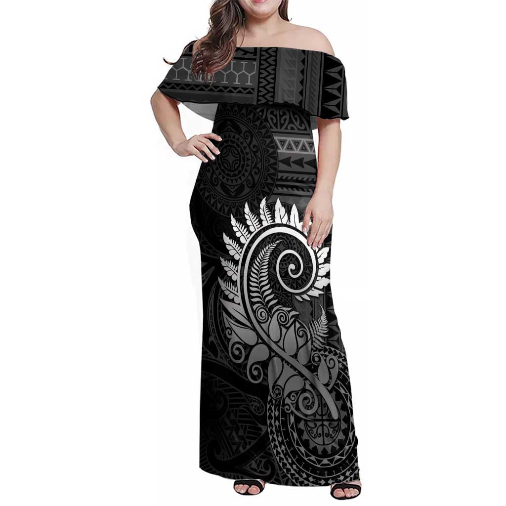 New Zealand Maori Koru Fern Family Matching Off Shoulder Maxi Dress and Hawaiian Shirt Spiral Polynesian Style Gray LT05 Mom's Dress Gray - Polynesian Pride