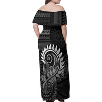 New Zealand Maori Koru Fern Family Matching Off Shoulder Maxi Dress and Hawaiian Shirt Spiral Polynesian Style Gray LT05 - Polynesian Pride