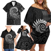 New Zealand Maori Koru Fern Family Matching Off Shoulder Short Dress and Hawaiian Shirt Spiral Polynesian Style Gray LT05 - Polynesian Pride