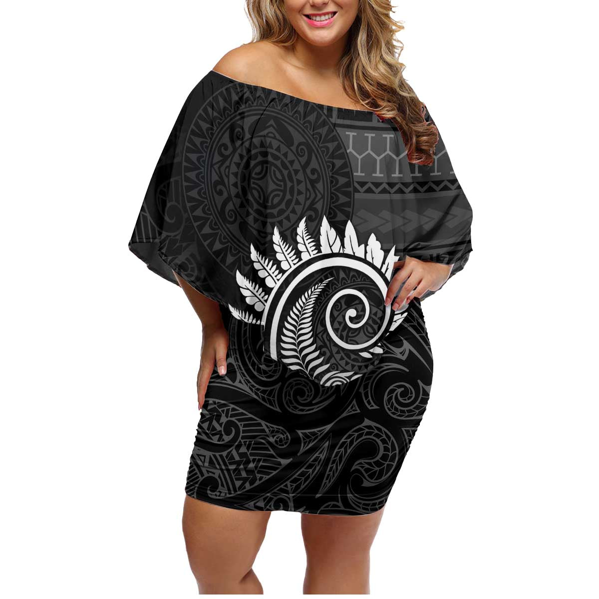 New Zealand Maori Koru Fern Family Matching Off Shoulder Short Dress and Hawaiian Shirt Spiral Polynesian Style Gray LT05 Mom's Dress Gray - Polynesian Pride